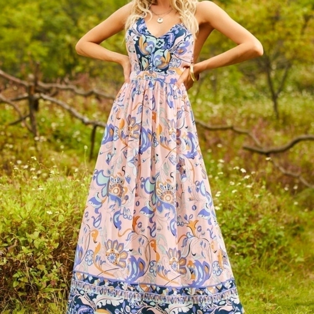 Multicolor Boho Floral Halter, Cami Maxi Dress